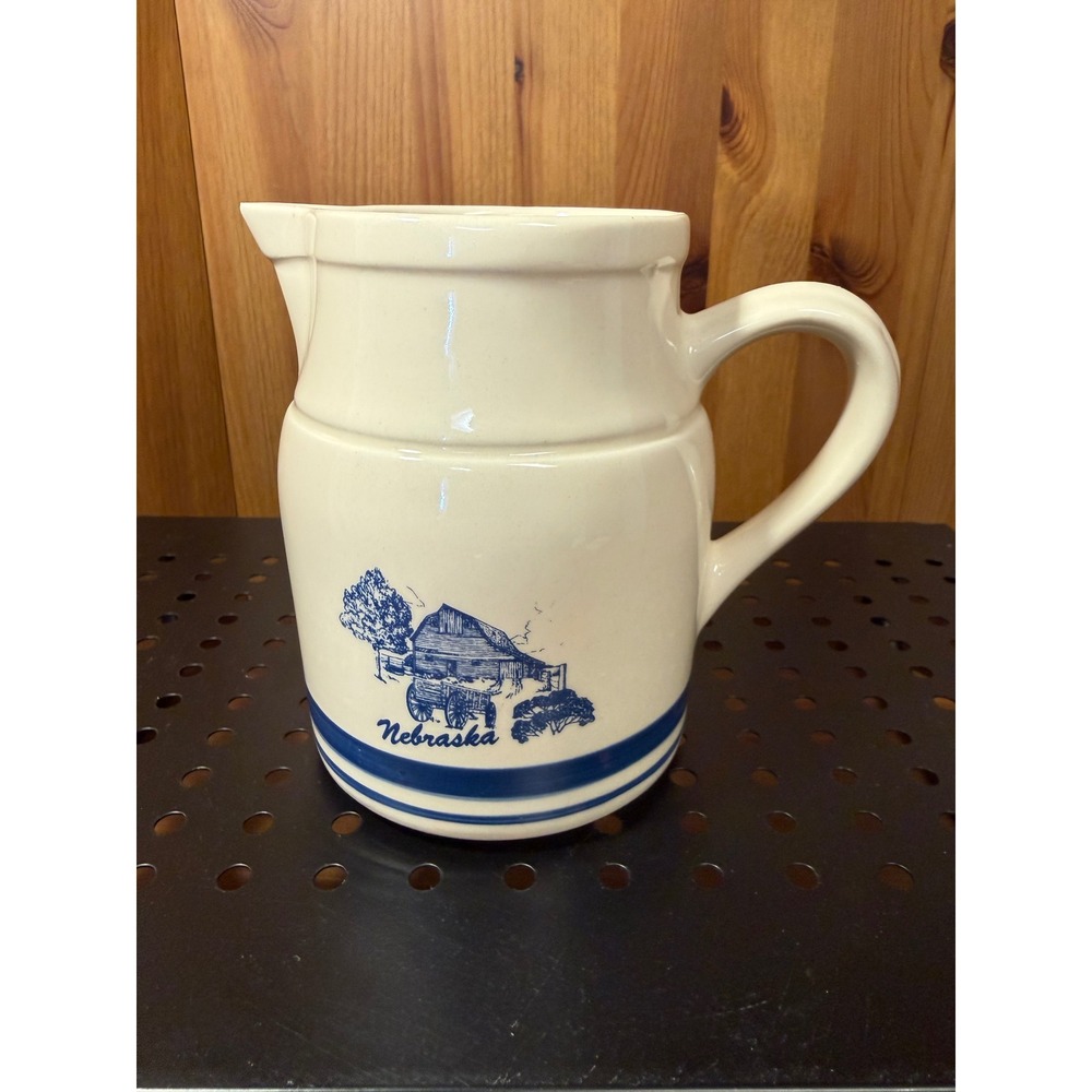Vintage Midwinter Stonehenge Nebraska Souvenir Pitcher Blue Farm 5.5"